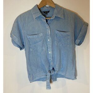 NWT Sim & Sam Blouse Tie Front Short Sleeve Blue Bleach Wash Size Medium M New